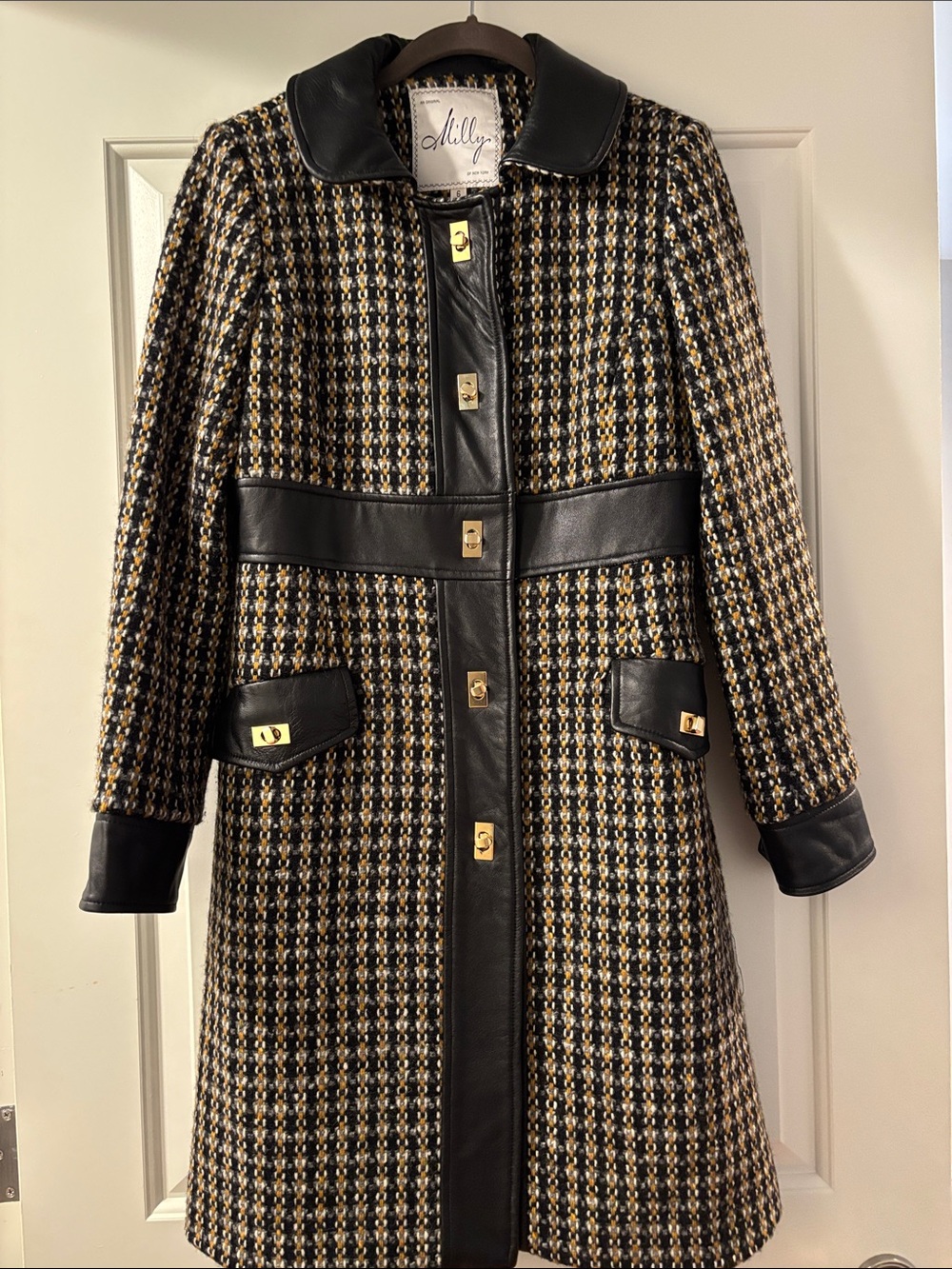 Milly Black, Gold & Cream Houndstooth Coat with Leather Trim
